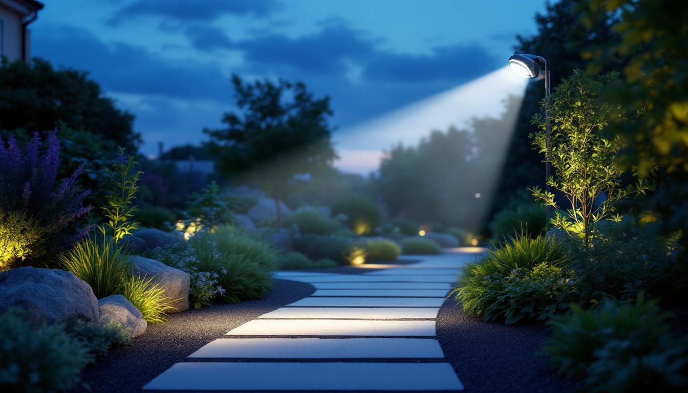A photograph of a beautifully designed outdoor space illuminated by a motion-sensor flood light