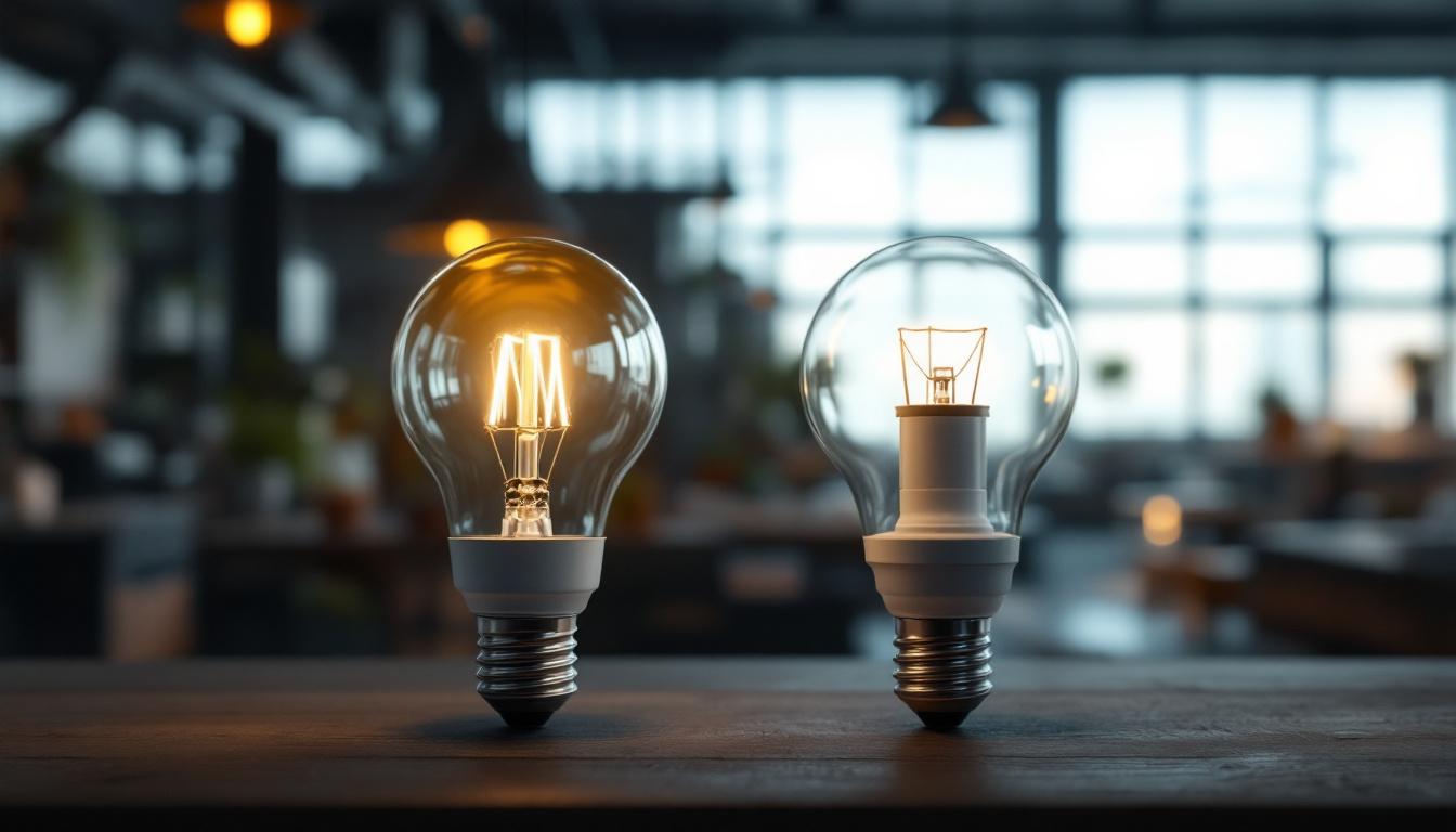 A photograph of a side-by-side comparison of a fluorescent bulb and an led bulb in an industrial setting