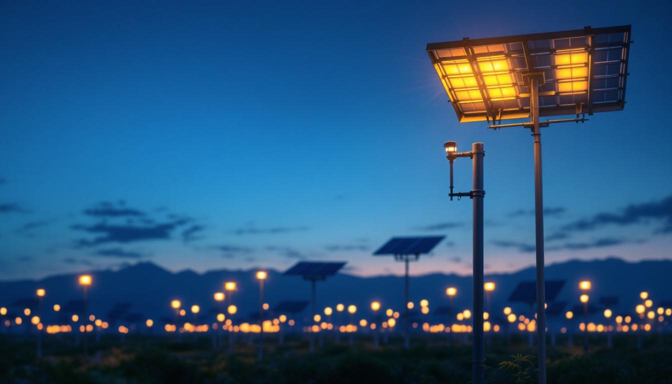A photograph of a solar park at dusk