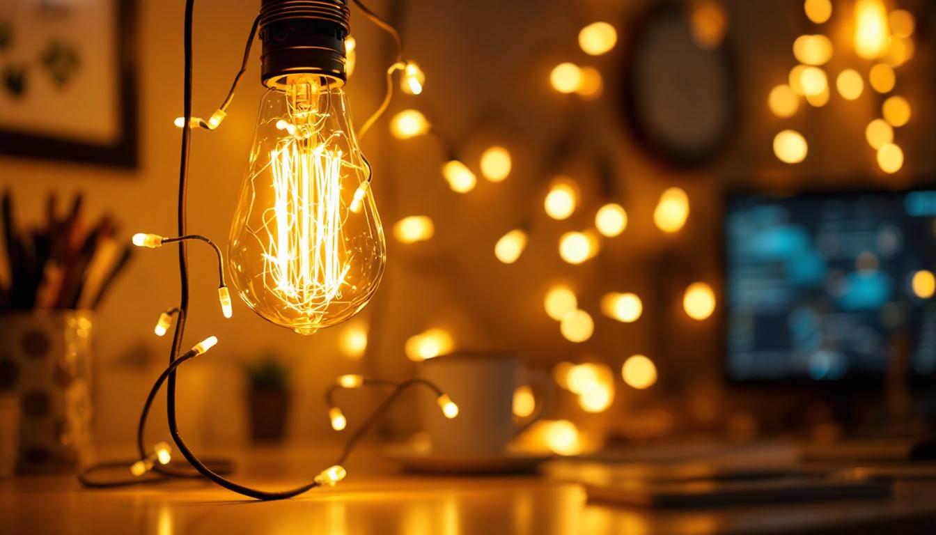 A photograph of a beautifully designed lamp with illuminated strings of light