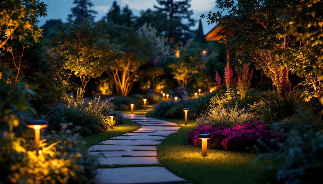 A photograph of a beautifully landscaped garden at dusk