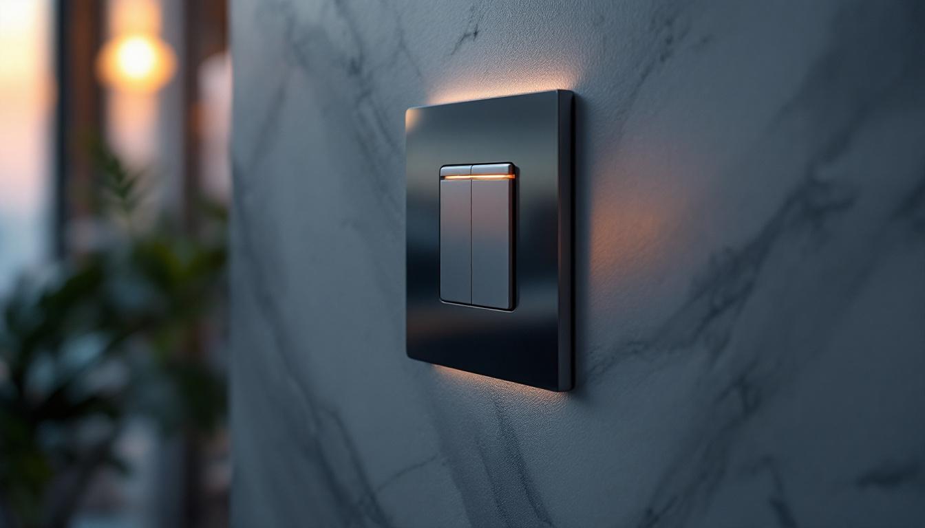 A photograph of a modern electrical outlet integrated with a stylish light switch