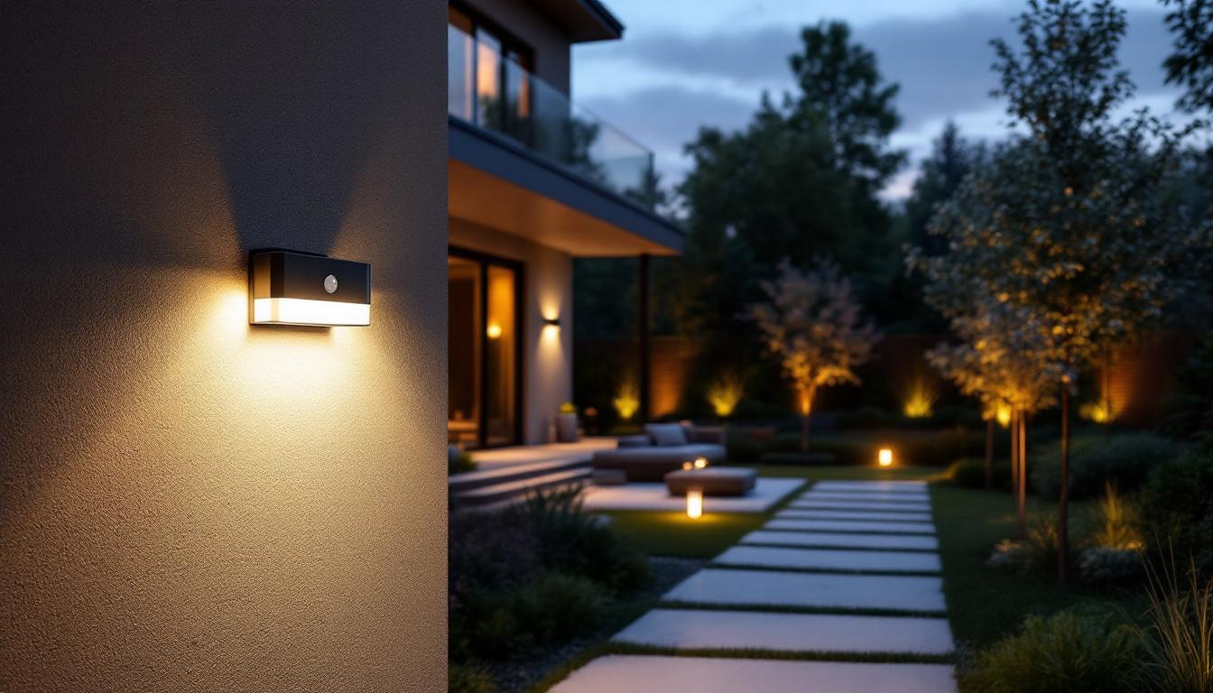 A photograph of a beautifully illuminated outdoor space showcasing a stylish outdoor sensor light in action