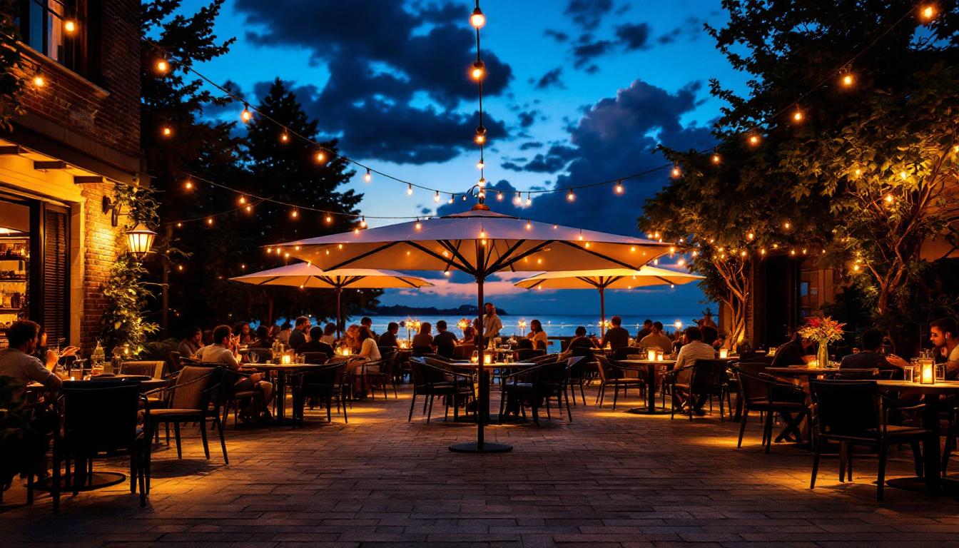 A photograph of a beautifully illuminated outdoor dining area at a restaurant during twilight