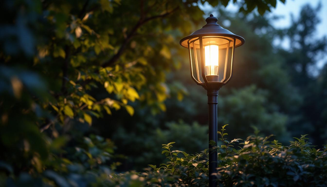 A photograph of a beautifully designed metal lamp post surrounded by lush greenery