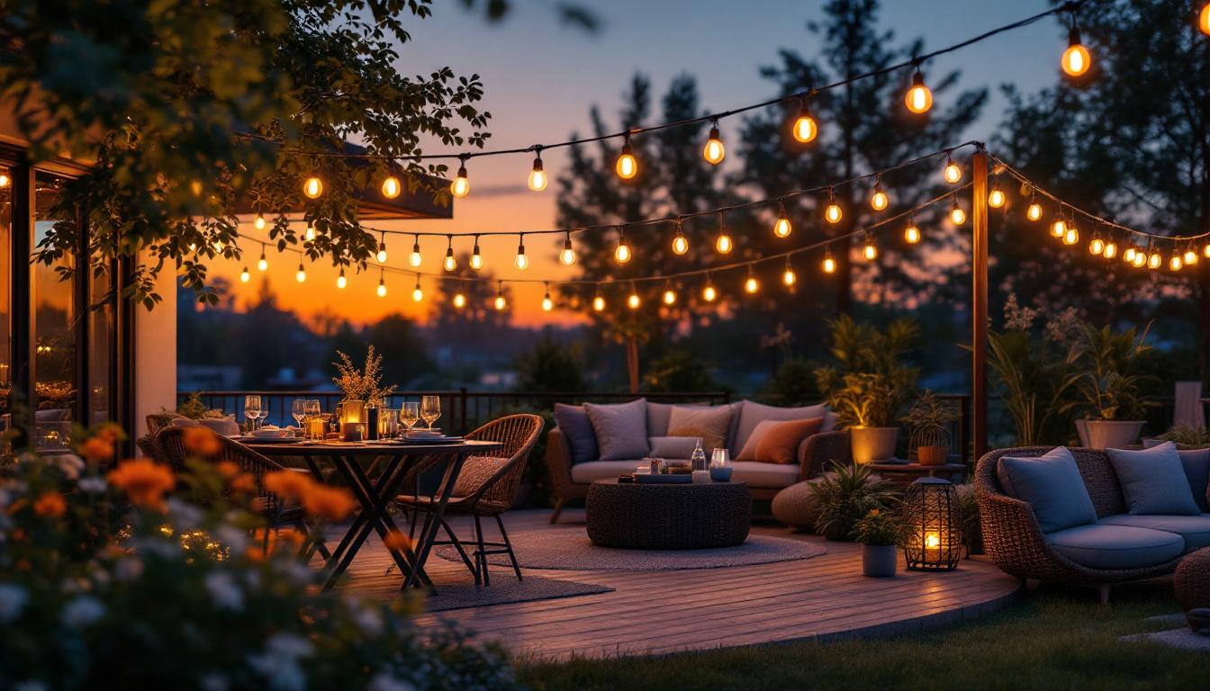 A photograph of a beautifully illuminated outdoor setting featuring string bulb lighting integrated with modern lighting technology