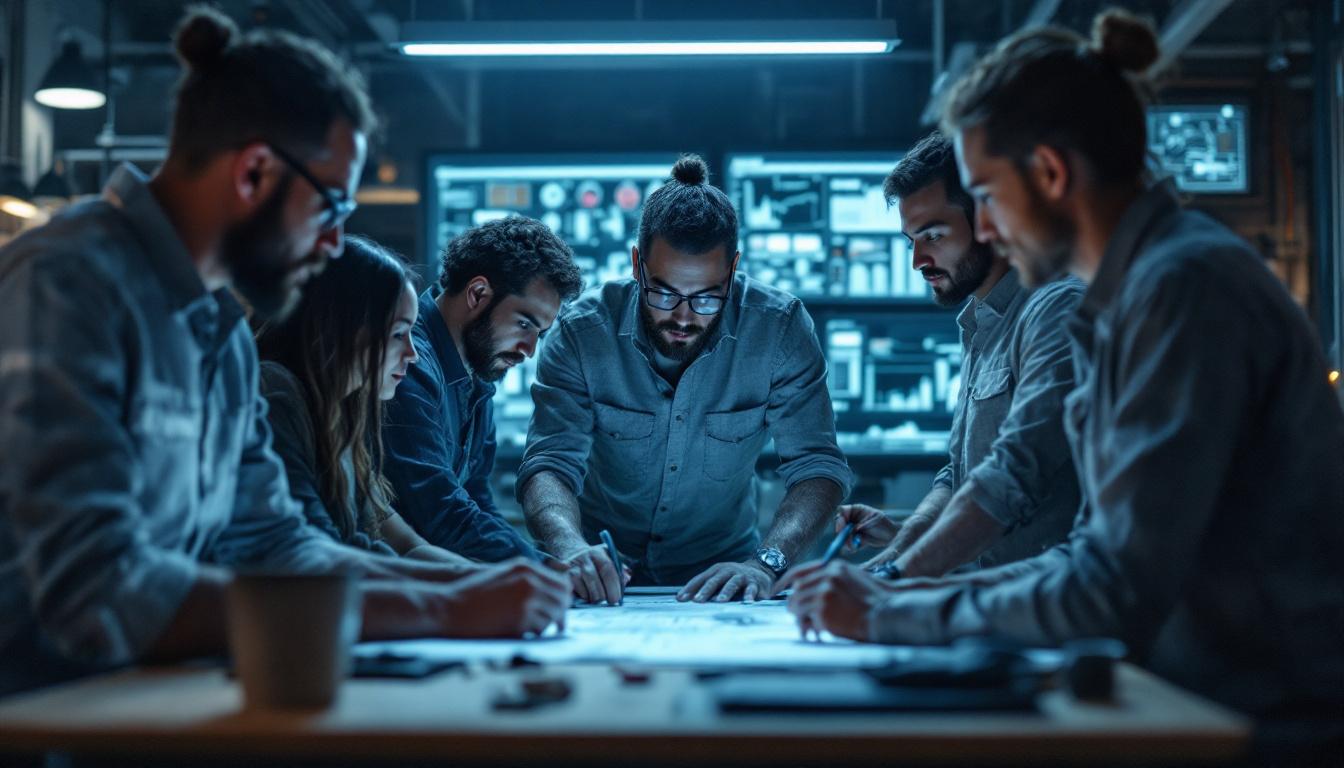 A photograph of a diverse group of engineers collaborating around a high-tech workspace