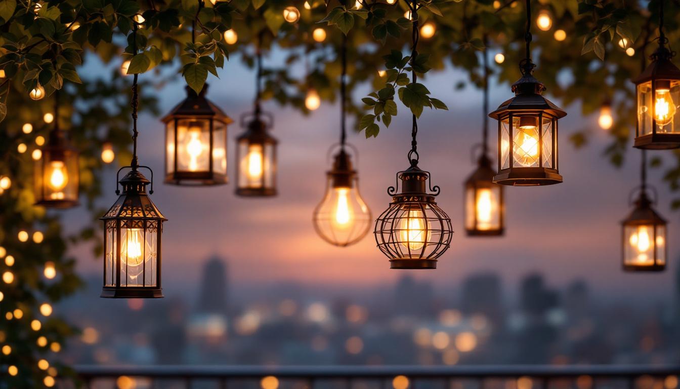 A photograph of a beautifully arranged outdoor setting featuring hanging lanterns in various styles and sizes
