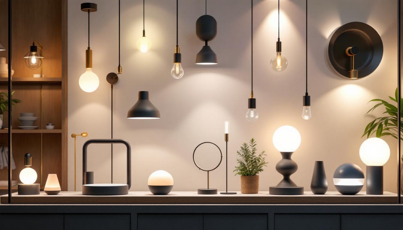 A photograph of a stylishly arranged light fixture display in a modern shop setting