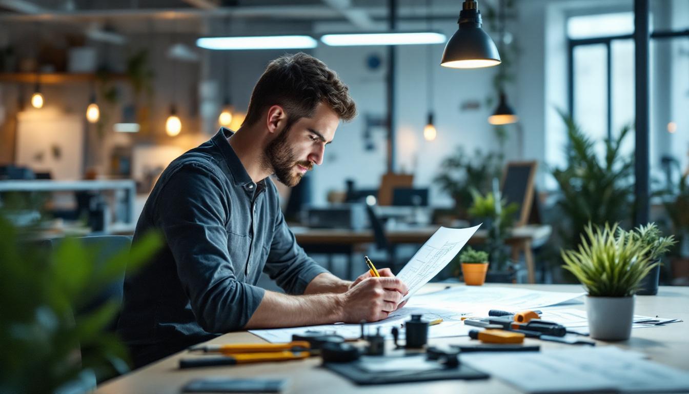 A photograph of a well-lit workspace featuring an electrical engineer analyzing lighting designs