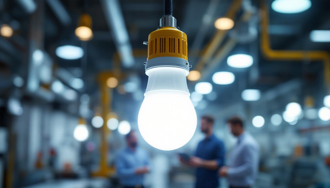 A photograph of a close-up shot of an industrial led light bulb installed in a factory setting