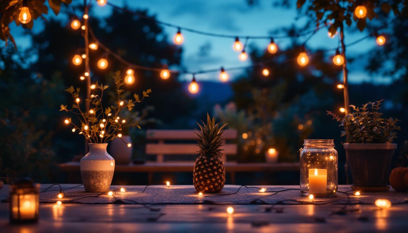 A photograph of a beautifully arranged outdoor scene illuminated by a variety of string lights