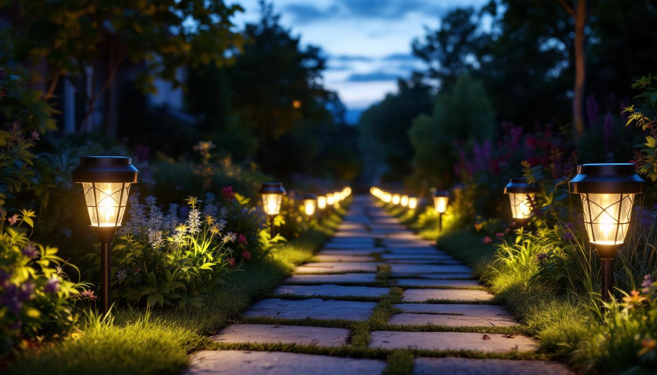 A photograph of a beautifully illuminated solar walkway lined with various styles of solar lights from home depot
