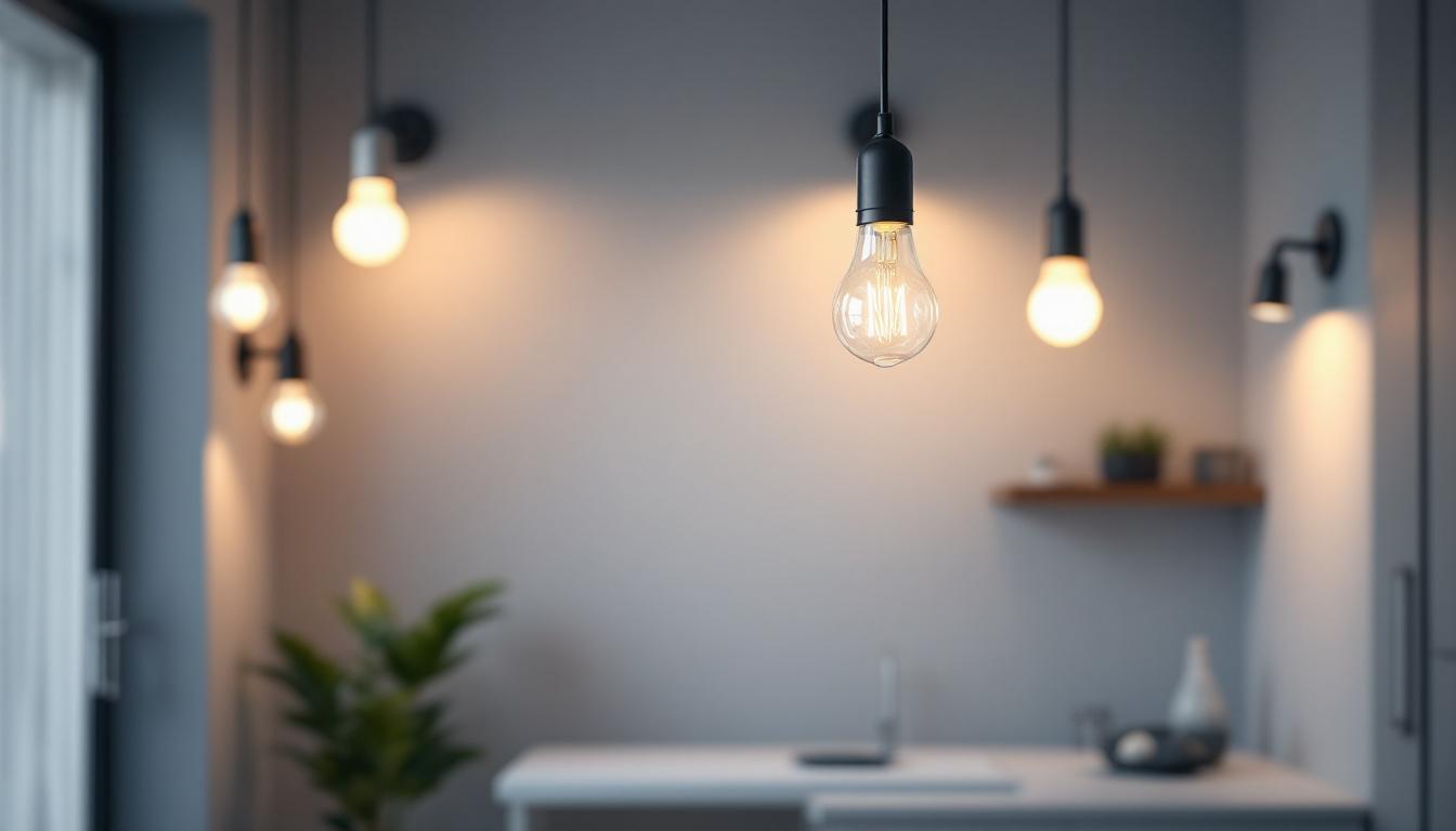 A photograph of a well-lit interior space showcasing various 14w led bulbs in different fixtures