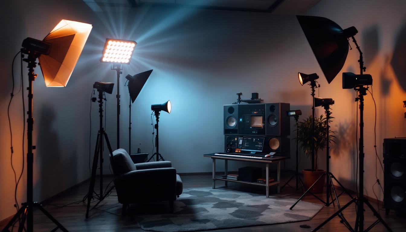 A photograph of a well-lit studio setup showcasing various studio led lights in use