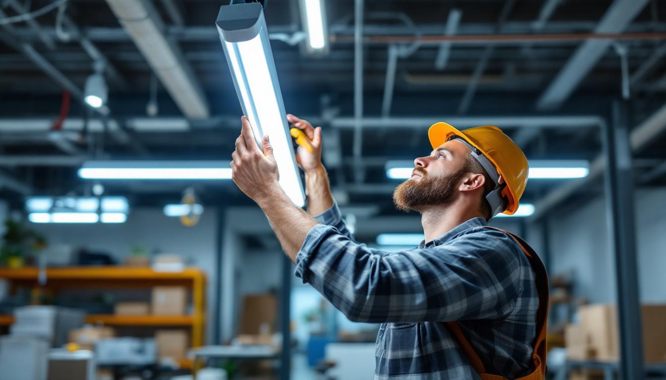 A photograph of a skilled engineer installing a fluorescent tube light fixture in a modern workspace