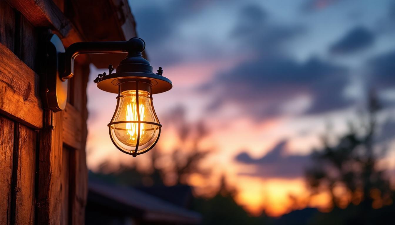 A photograph of a beautifully illuminated dusk-to-dawn barn light in a rustic outdoor setting