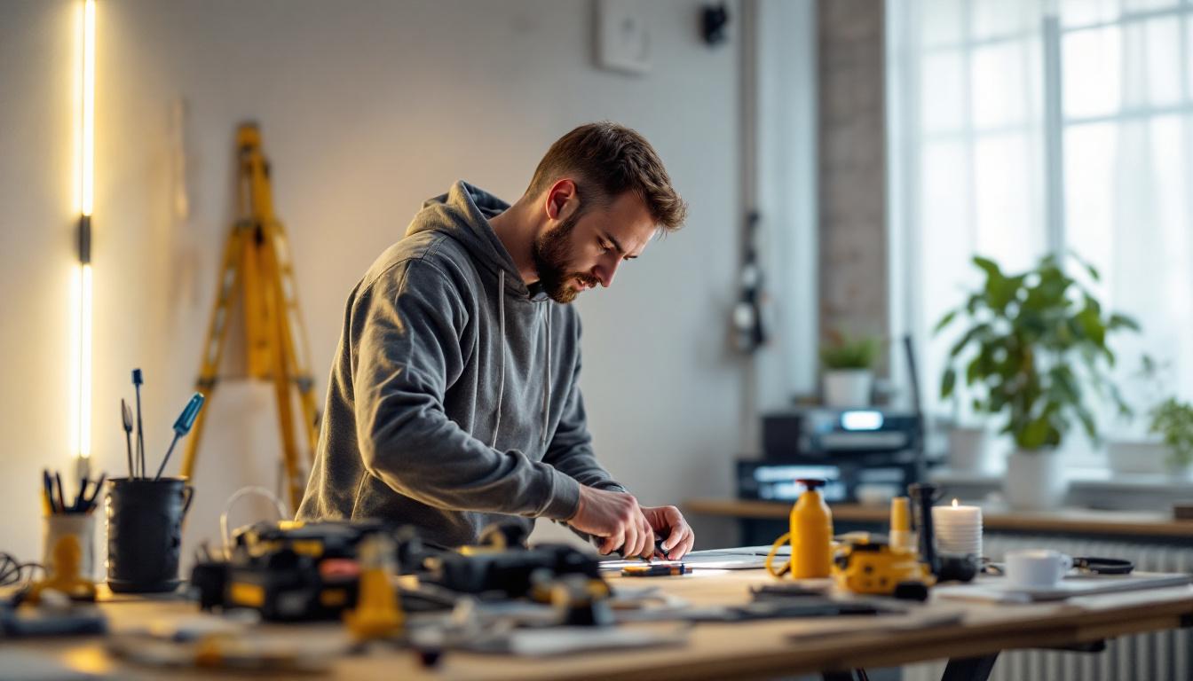 A photograph of a well-lit workspace featuring an electrician or diy enthusiast measuring and hardwiring led strip lights
