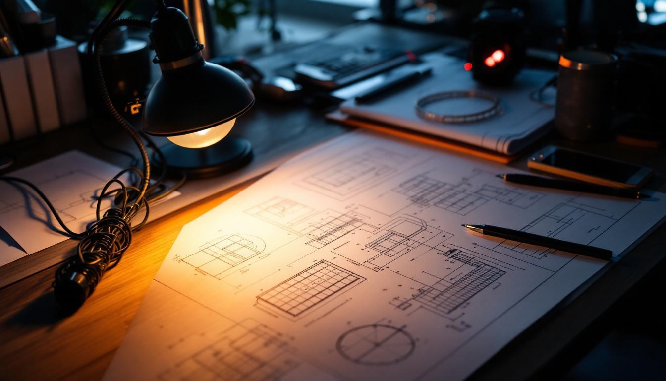 A photograph of a well-lit engineering workspace featuring a 400-watt lamp illuminating design plans and technical drawings