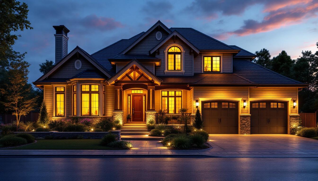 A photograph of a beautifully illuminated exterior of a house at dusk