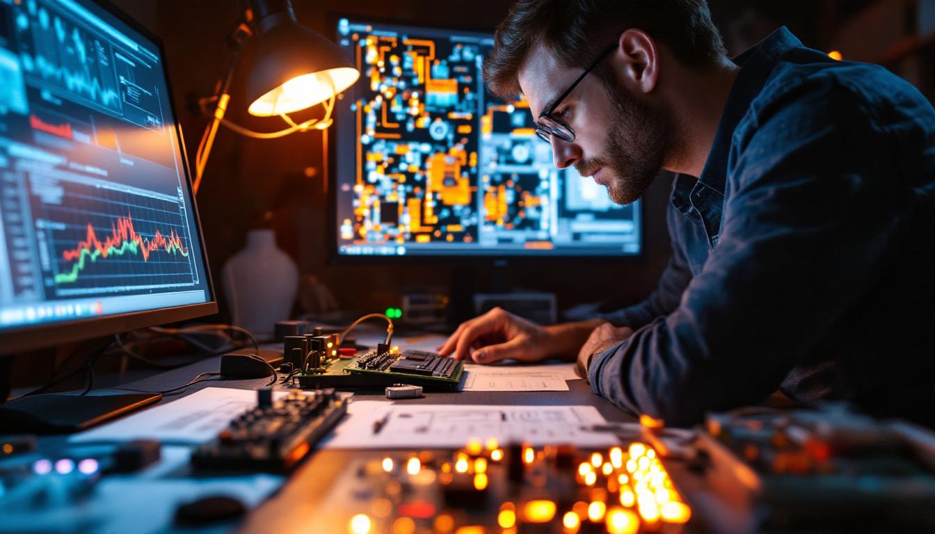 A photograph of a focused electrical engineer working intently at a workstation