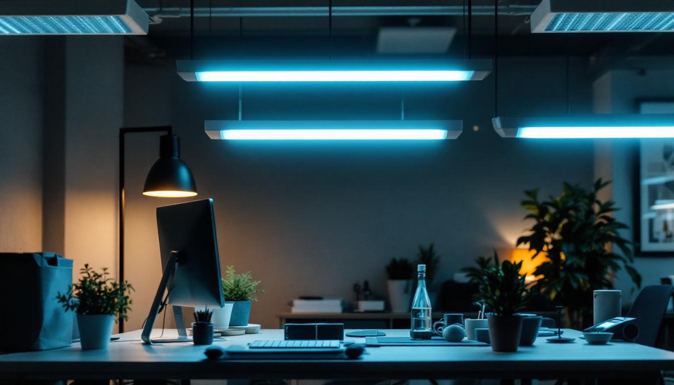 A photograph of a well-lit workspace featuring both t8 and t12 fluorescent fixtures in action