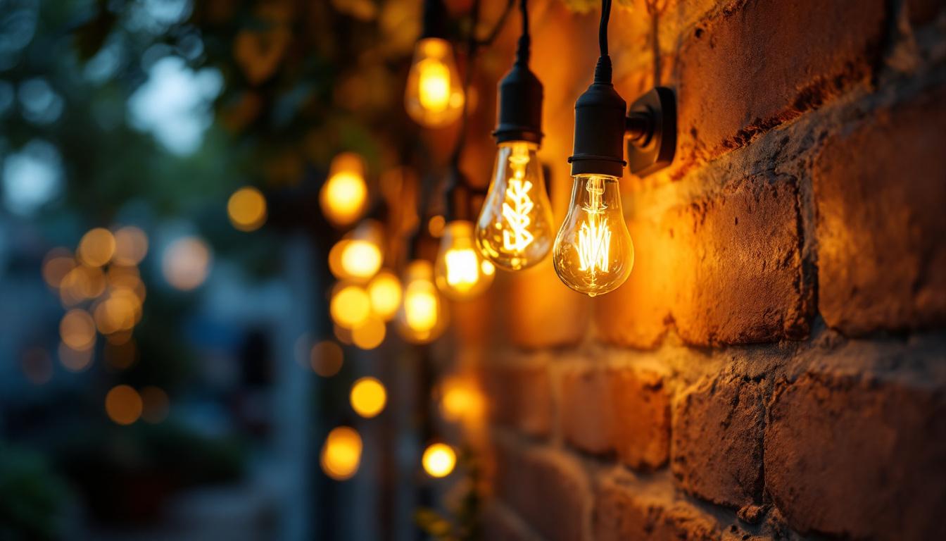 A photograph of a beautifully lit outdoor setting featuring flicker light bulbs in use