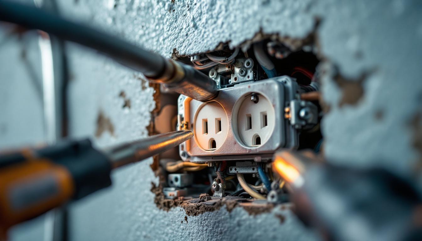 A photograph of a close-up shot of an outlet box cover being installed or inspected