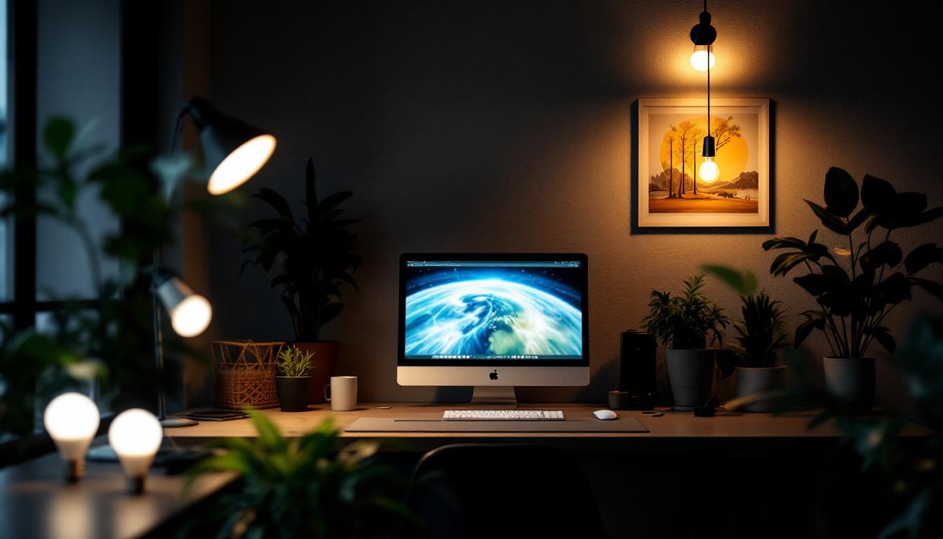 A photograph of a well-lit workspace featuring mr16 incandescent bulbs in various applications