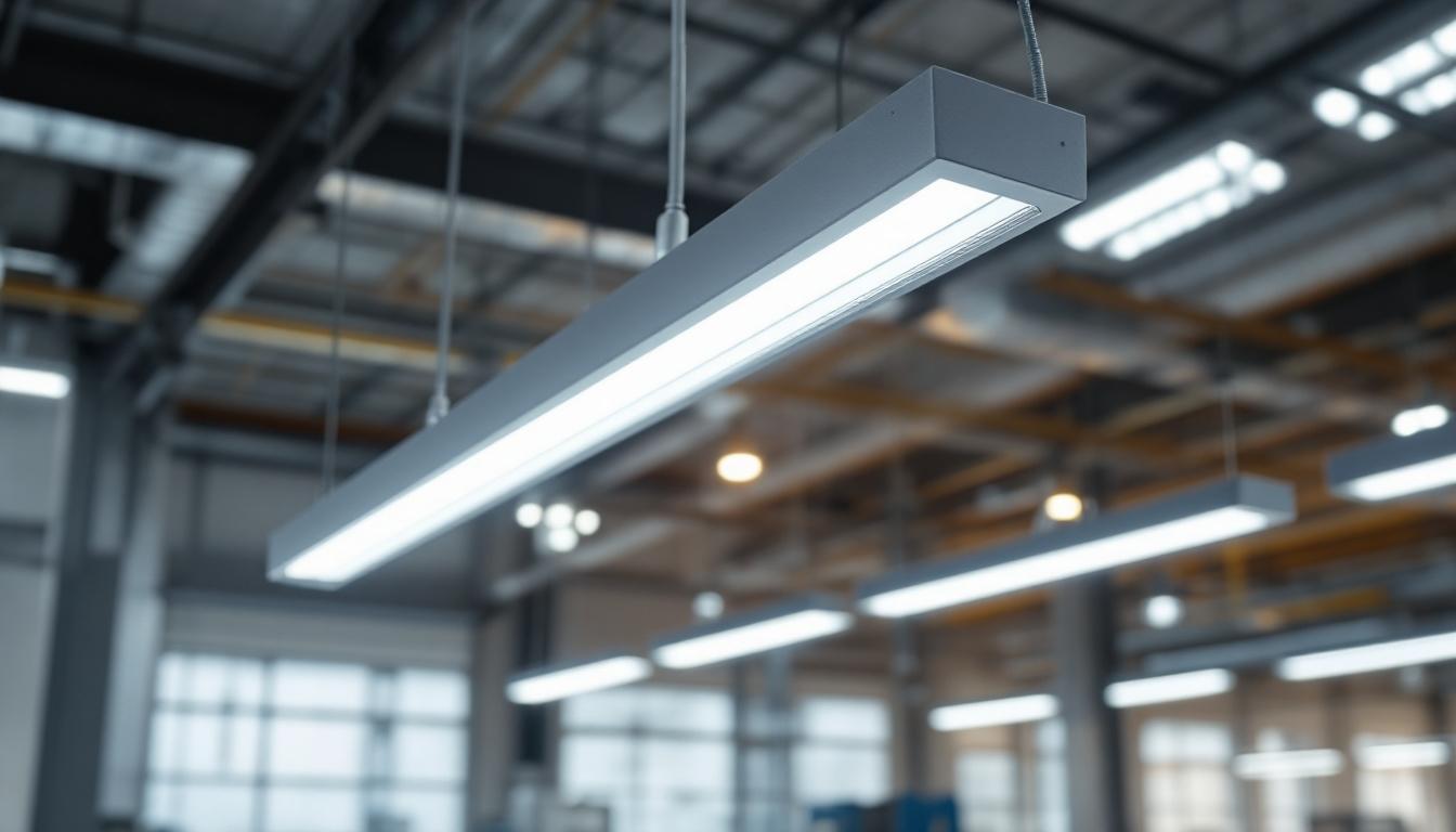 A photograph of a sleek led vapor tight fixture installed in a modern industrial setting