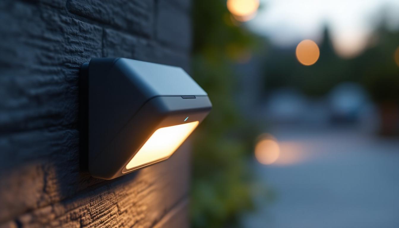 A photograph of a close-up shot of a led photocell light in action