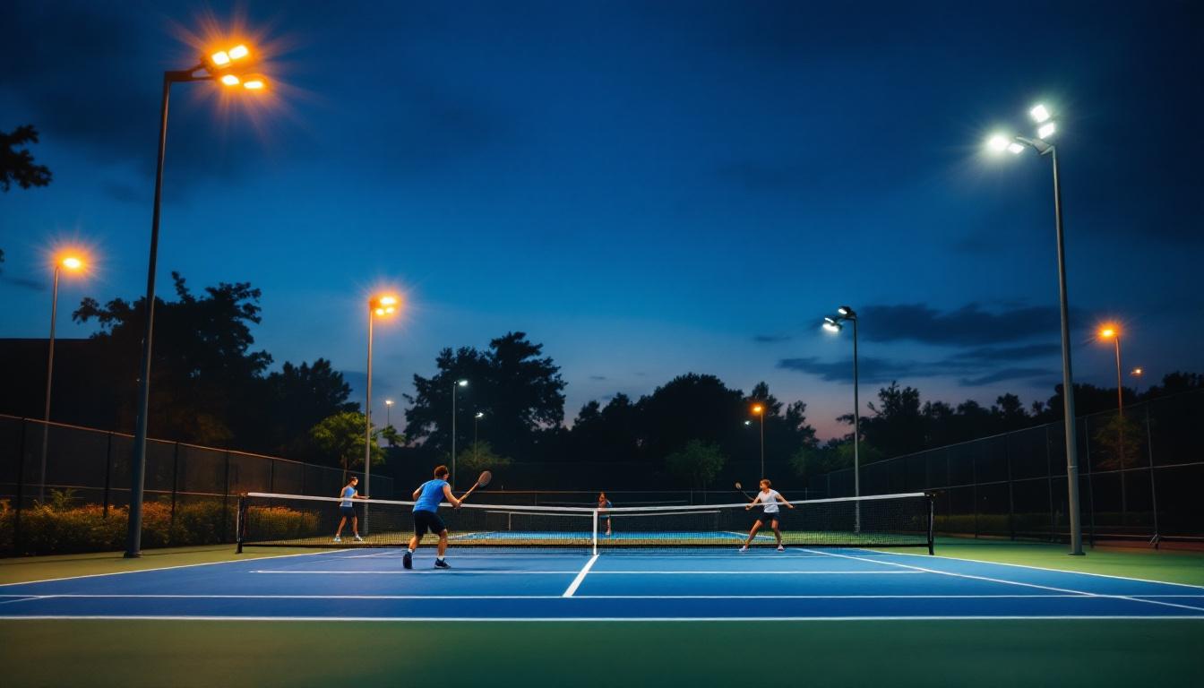 A photograph of a portable tennis court illuminated at dusk