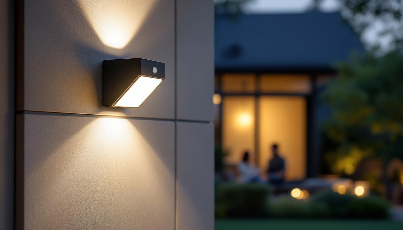 A photograph of a modern motion-sensing light fixture installed in an outdoor setting