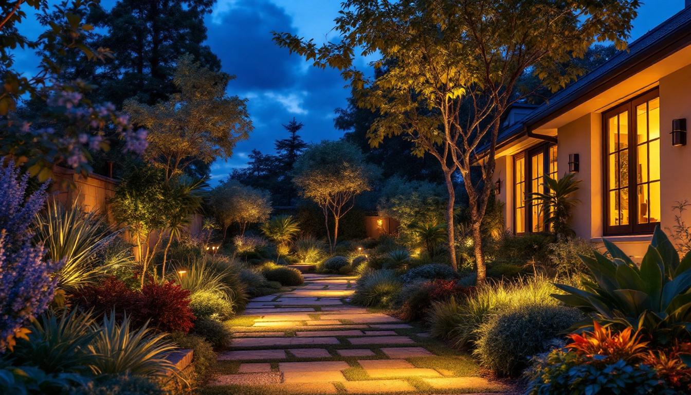 A photograph of a beautifully illuminated garden at dusk