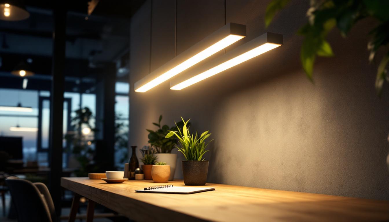 A photograph of a modern workspace illuminated by sleek led tube fixtures