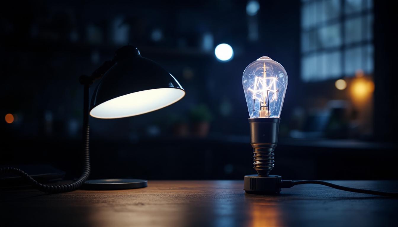 A photograph of a side-by-side comparison of a metal halide lamp and an led lamp illuminated in a dark setting