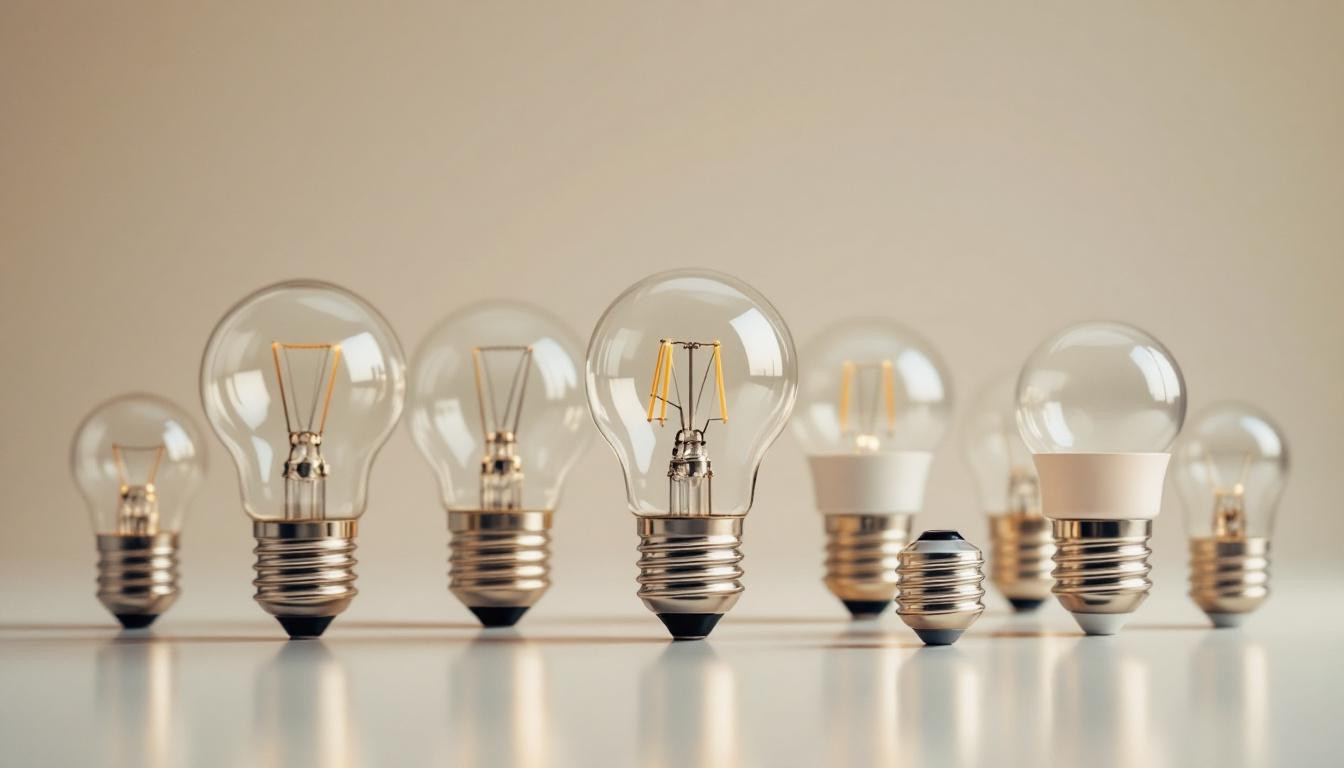 A photograph of a detailed close-up of various light bulb bases arranged on a clean