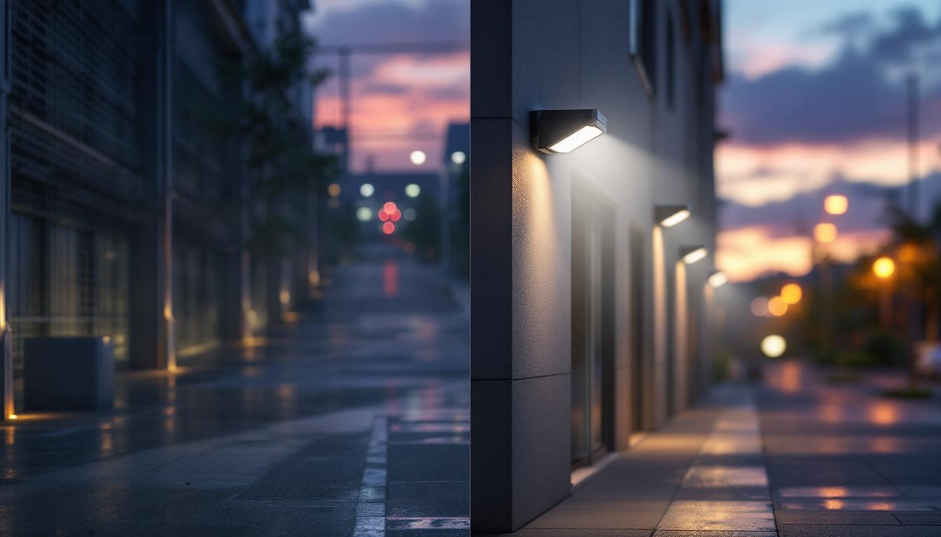 A photograph of a side-by-side comparison of industrial and commercial settings featuring security motion sensor lights in action