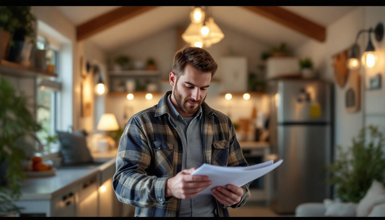 A photograph of a cozy mobile home interior featuring stylish