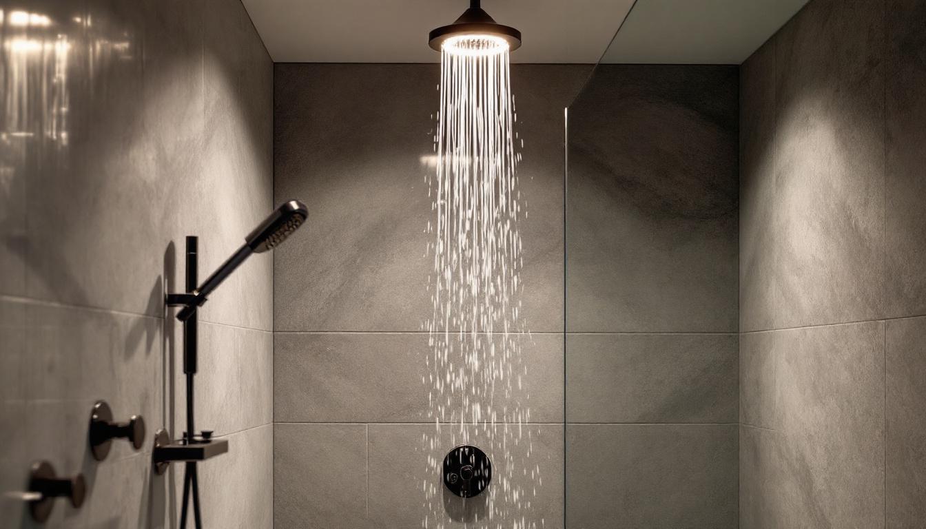 A photograph of a beautifully designed shower space featuring stylish pot lights
