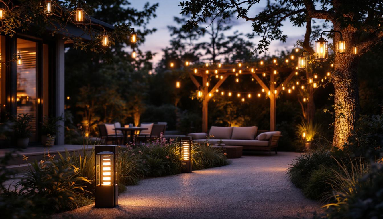A photograph of a beautifully illuminated outdoor space showcasing a variety of stylish outdoor lighting fixtures