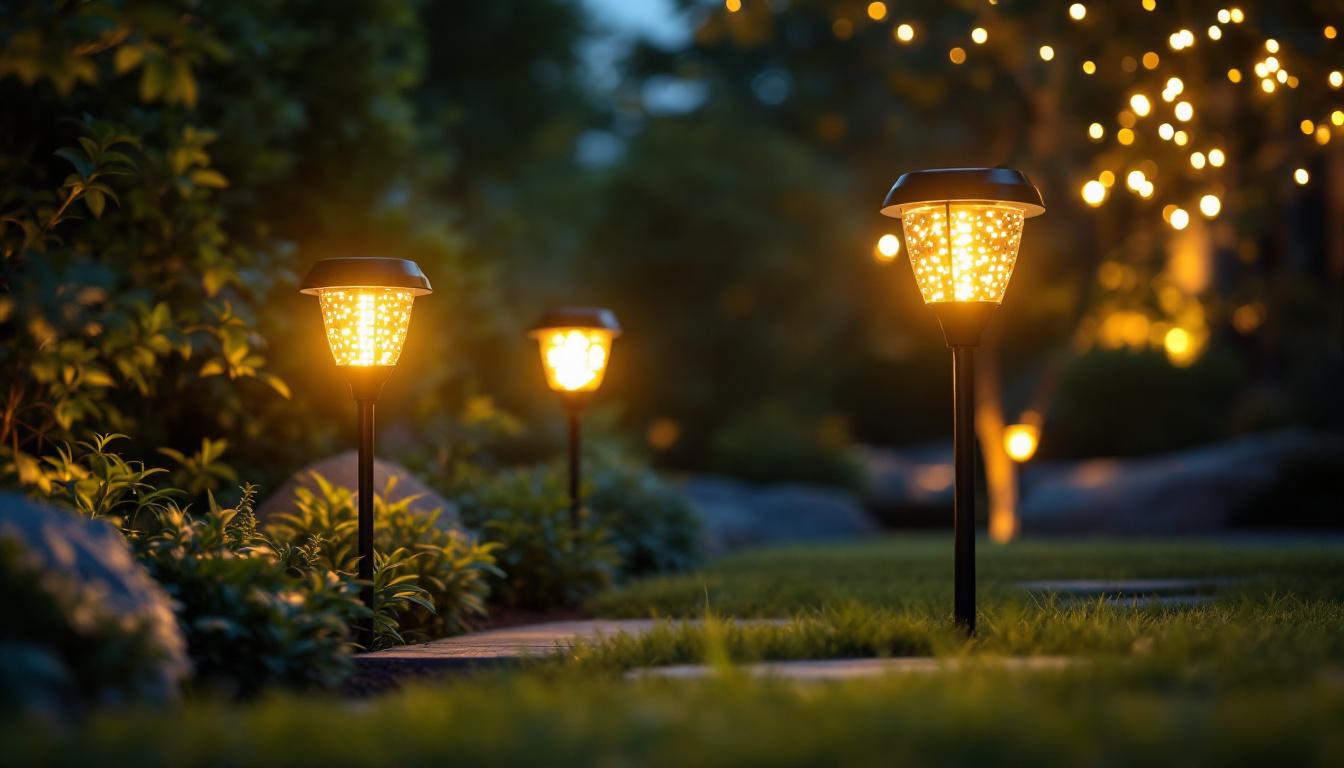 A photograph of a beautifully illuminated outdoor space featuring solar-powered led yard lights