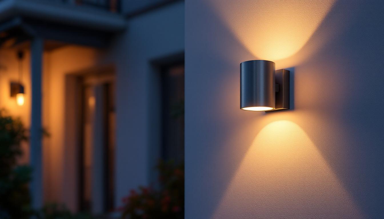 A photograph of a stylish exterior led sconce mounted on a wall