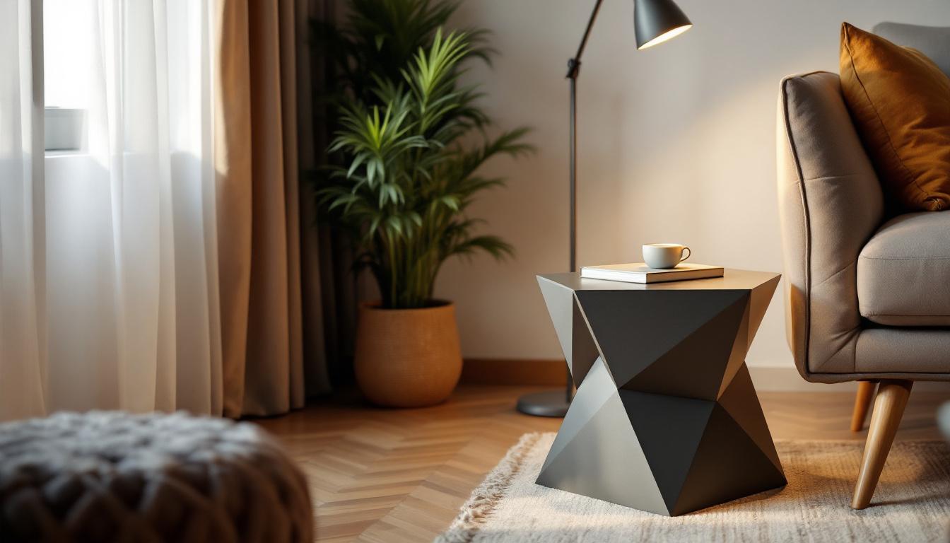 A photograph of a stylish trapezoid end table set in a well-lit living space