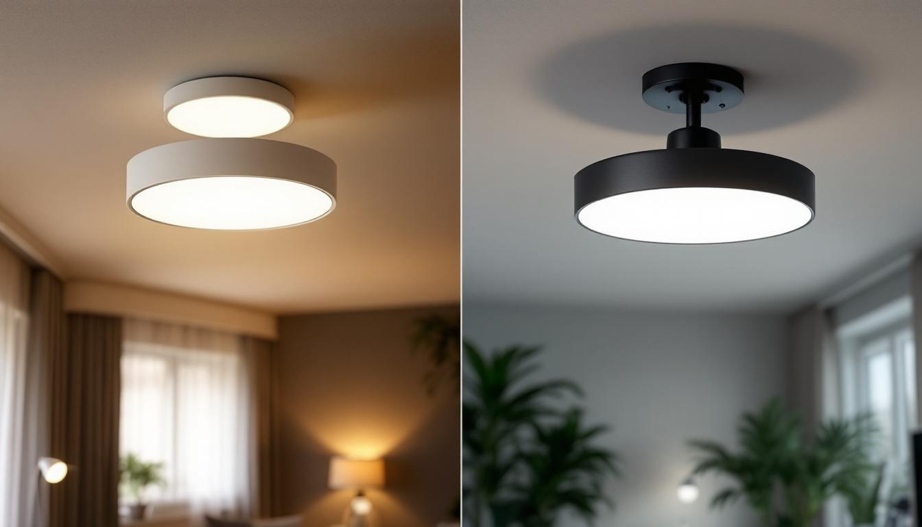 A photograph of a side-by-side comparison of a recessed light fixture and a flush mount light fixture installed in a modern living space