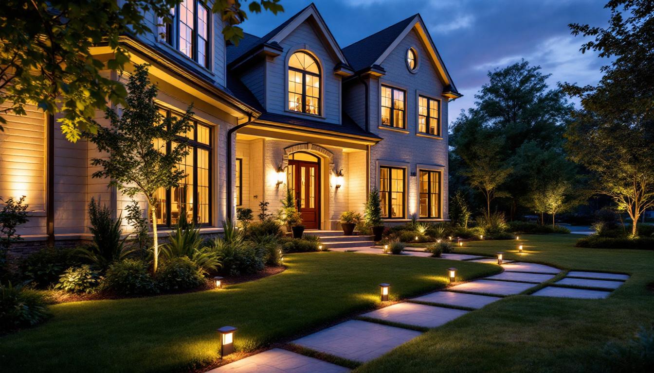 A photograph of a beautifully illuminated residential exterior at dusk