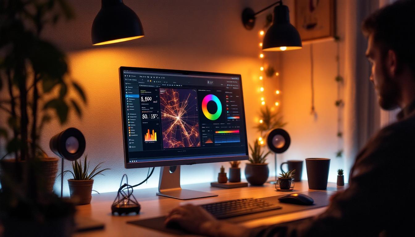 A photograph of a modern workspace where an electrical engineer is designing a dim-to-warm led lighting system