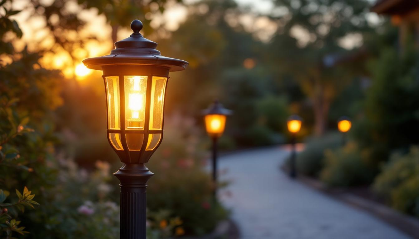 A photograph of a beautifully designed outdoor light post with an elegant cover