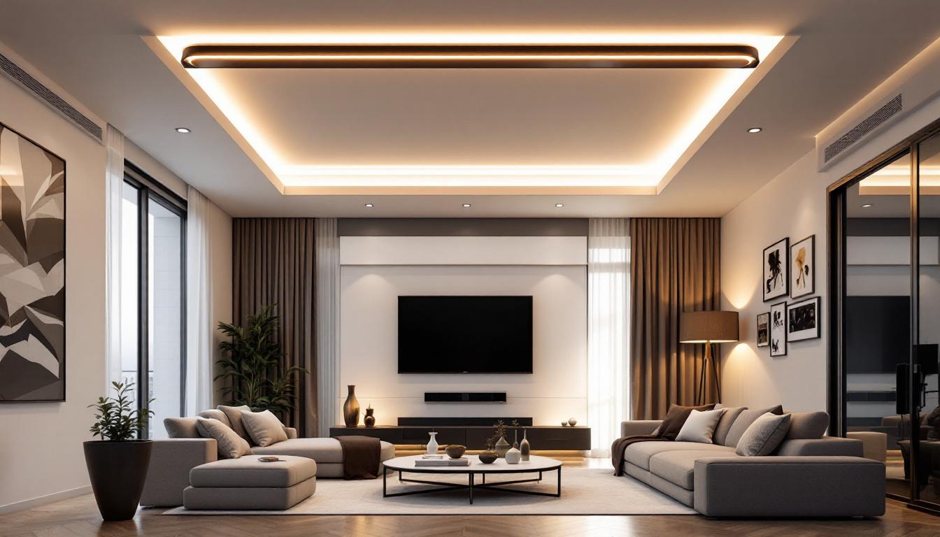 A photograph of a sleek linear flush mount ceiling light elegantly installed in a modern living space