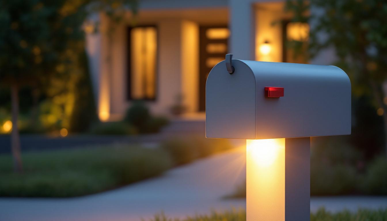 A photograph of a beautifully designed mailbox that features an integrated post and light